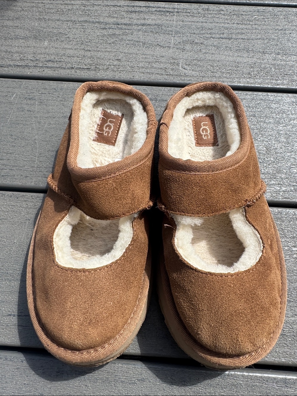 UGG Kids Chestnut Suede Mary-Jane Shearling Slippers